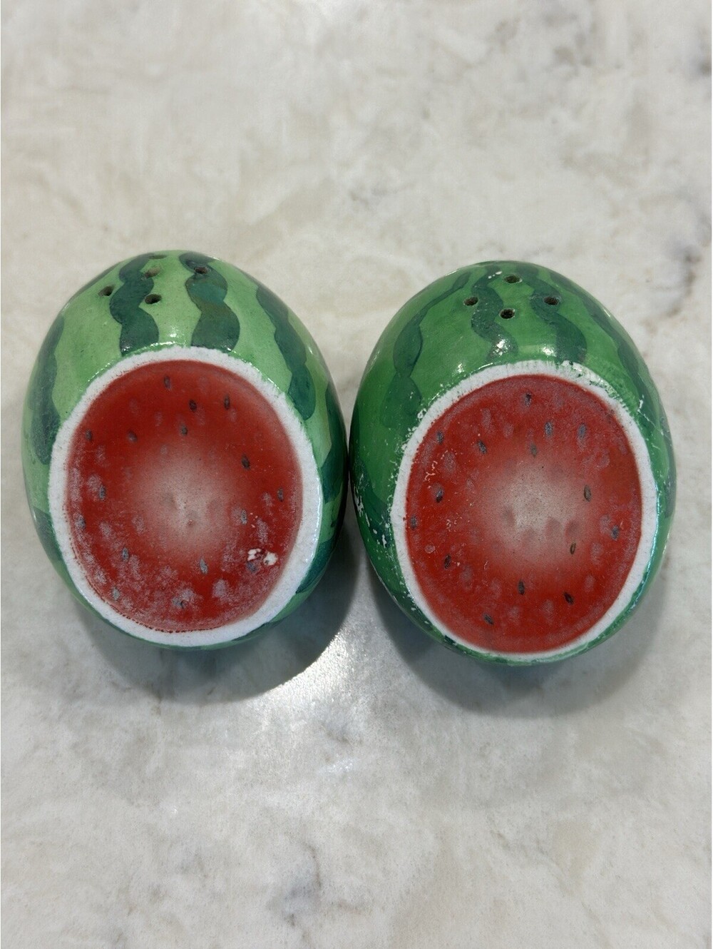 vintage mid-century ceramic watermelon halves salt and pepper shakers 2.25” 1950